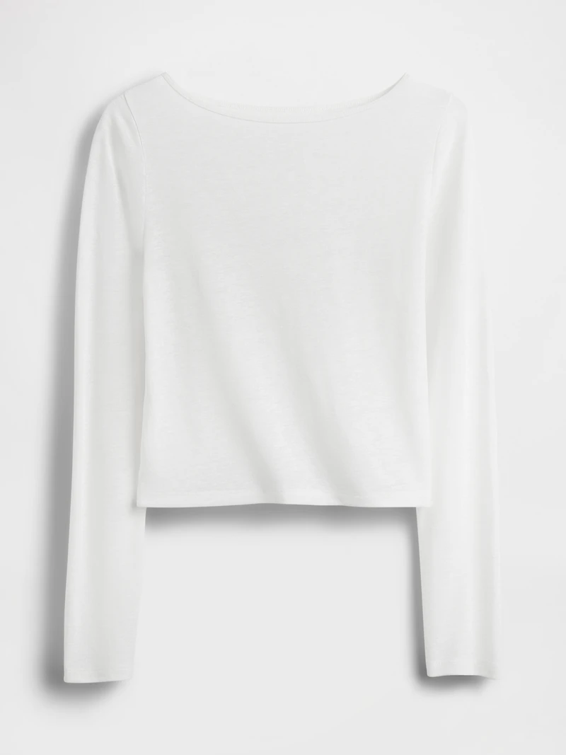 Linen-Blend Boatneck Crop T-Shirt