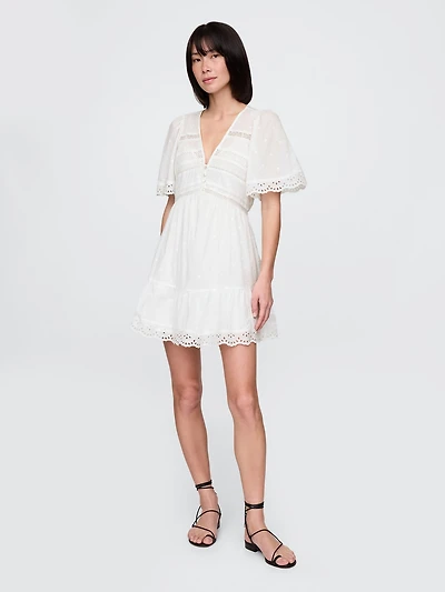 Flutter-Sleeve Eyelet Mini Dress