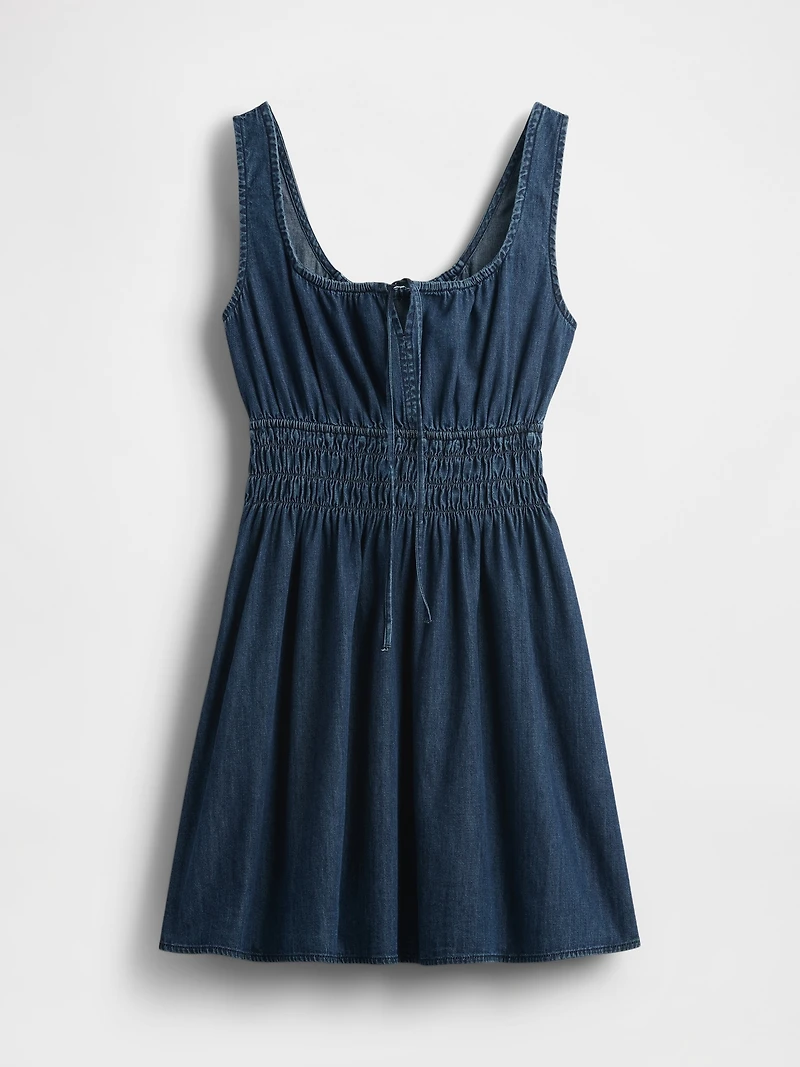Denim Tie-Front Smocked Waist Mini Dress