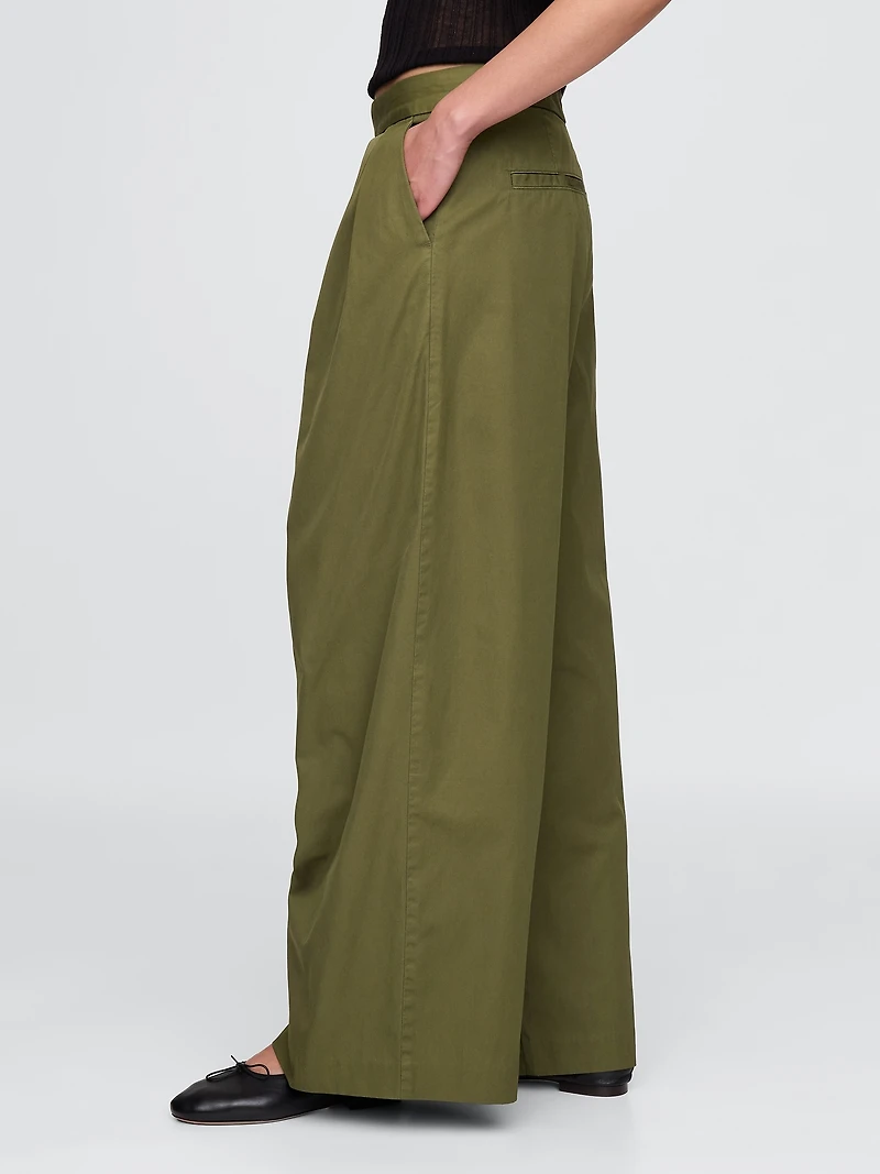 High Rise Twill Pleated Wide-Leg Khakis