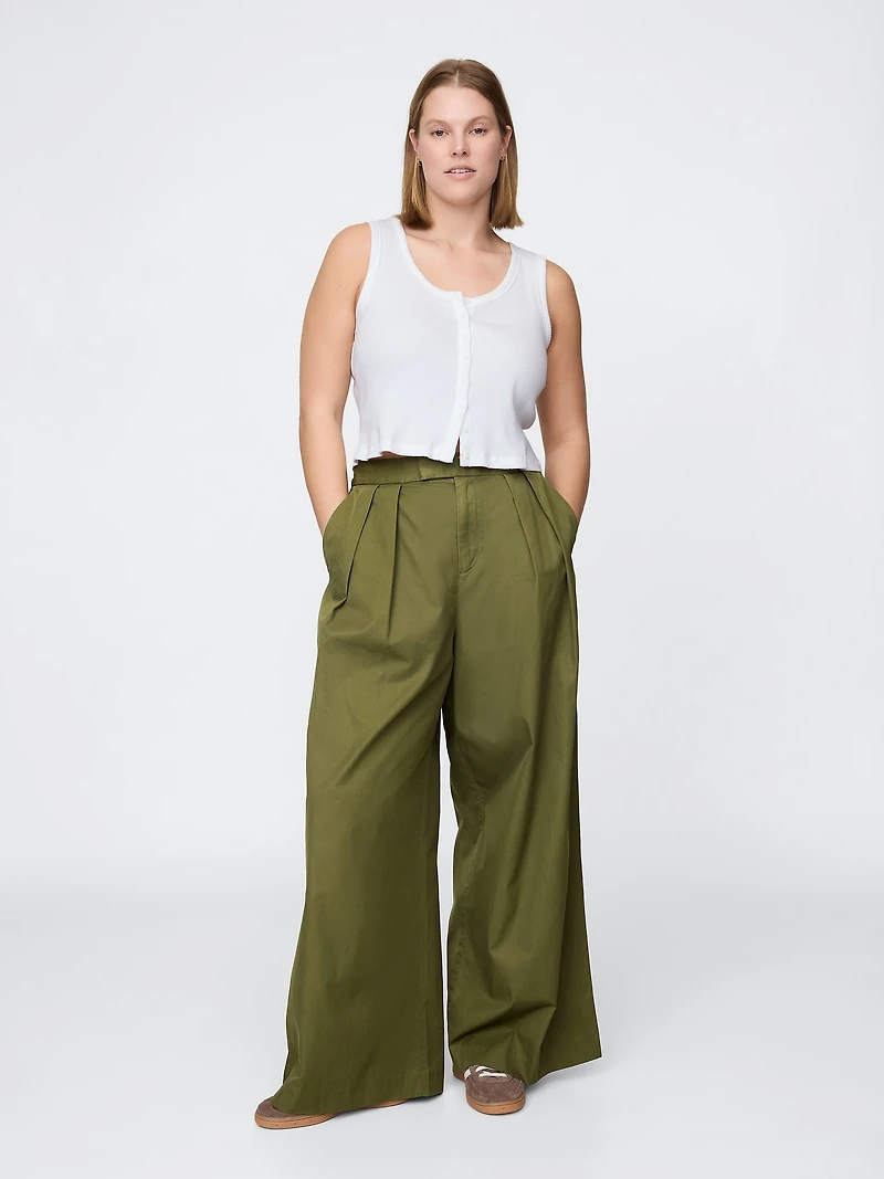 High Rise Twill Pleated Wide-Leg Khakis