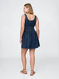 Denim Tie-Front Smocked Waist Mini Dress