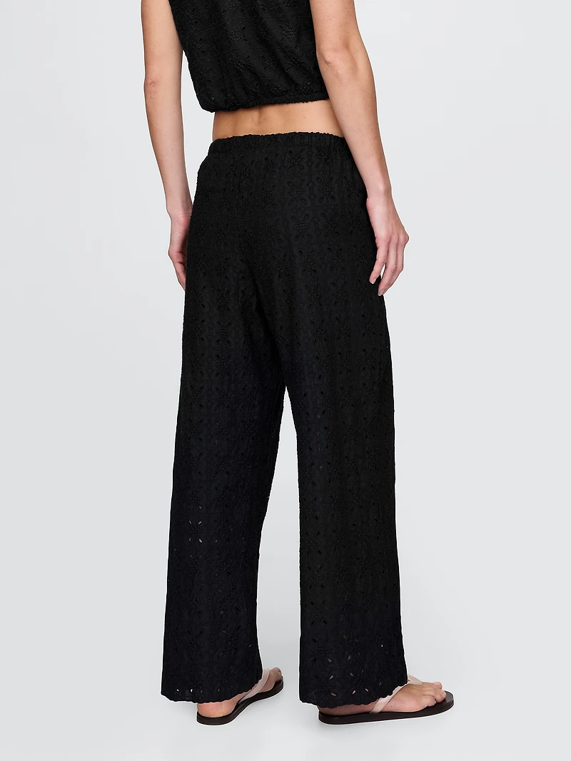 Mid Rise Eyelet Easy Wide-Leg Pants