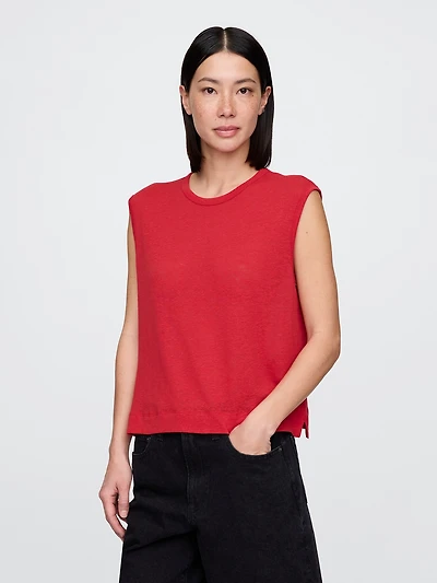 Linen-Blend Crewneck Shell Tank Top