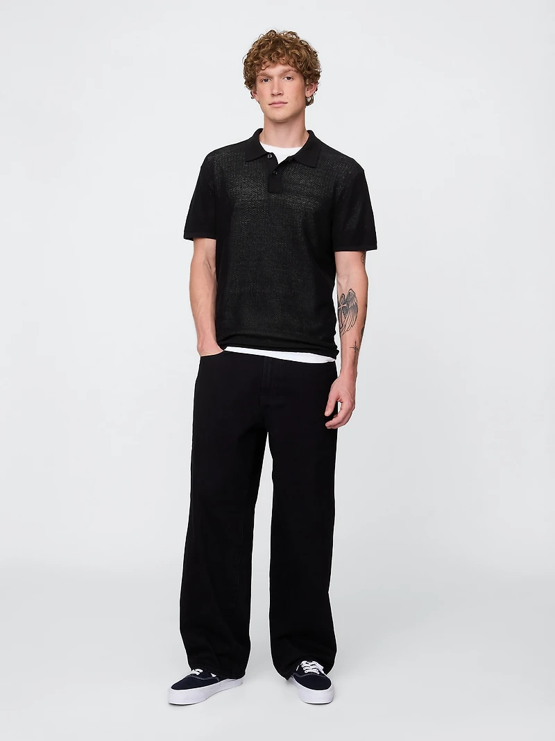 Textured Crochet Polo Sweater