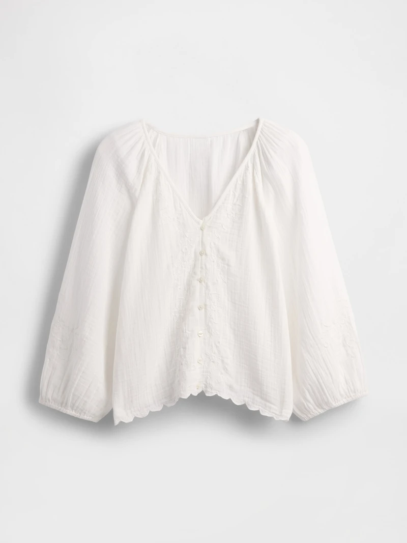 Cotton Gauze Embroidered V-Neck Top