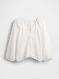 Cotton Gauze Embroidered V-Neck Top