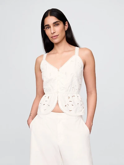 Linen-Blend Eyelet Peplum Top