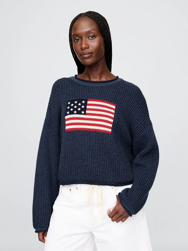 100% Cotton Cropped Oversized Americana Rib Sweater
