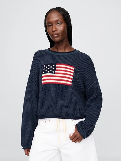 100% Cotton Cropped Oversized Americana Rib Sweater