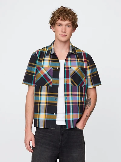 Mixed Plaid Button-Front Shirt