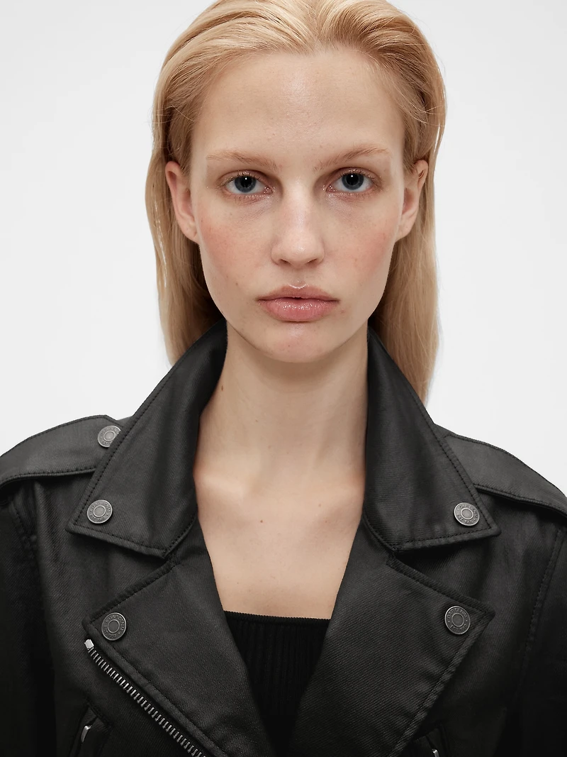 GapStudio Coated Denim Crop Moto Jacket