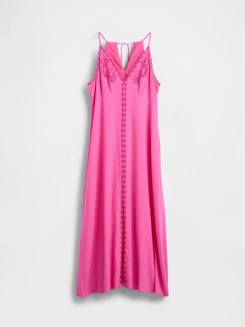 Linen-Blend Embroidered Halter Maxi Dress