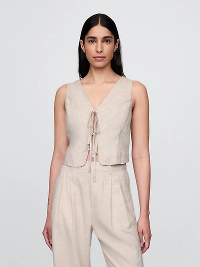 Linen-Blend Tie-Front Crop Vest