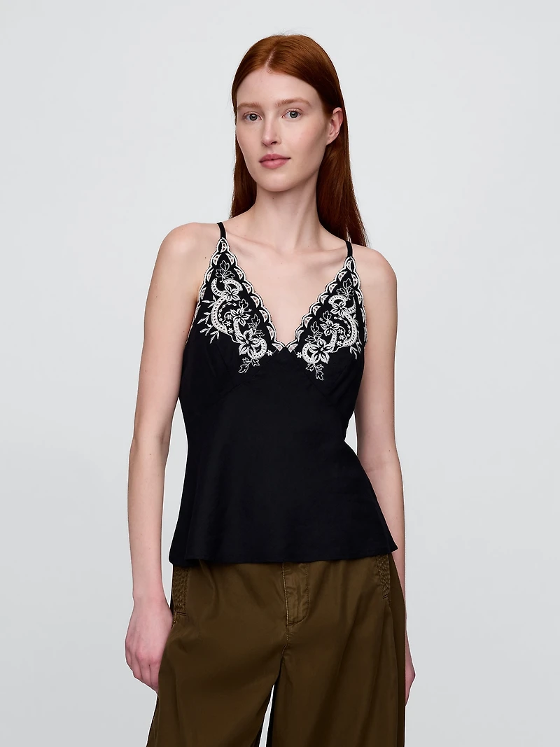 Linen-Blend Embroidered Halter Top