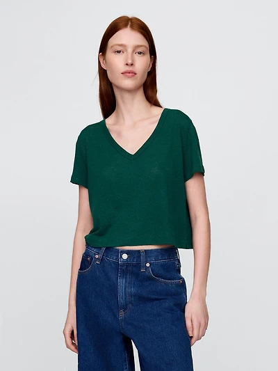 Linen-Blend V-Neck Crop T-Shirt