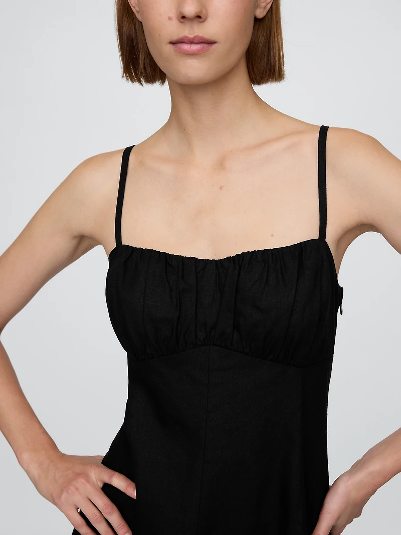 Linen-Blend Shirred Bodice Mini Dress