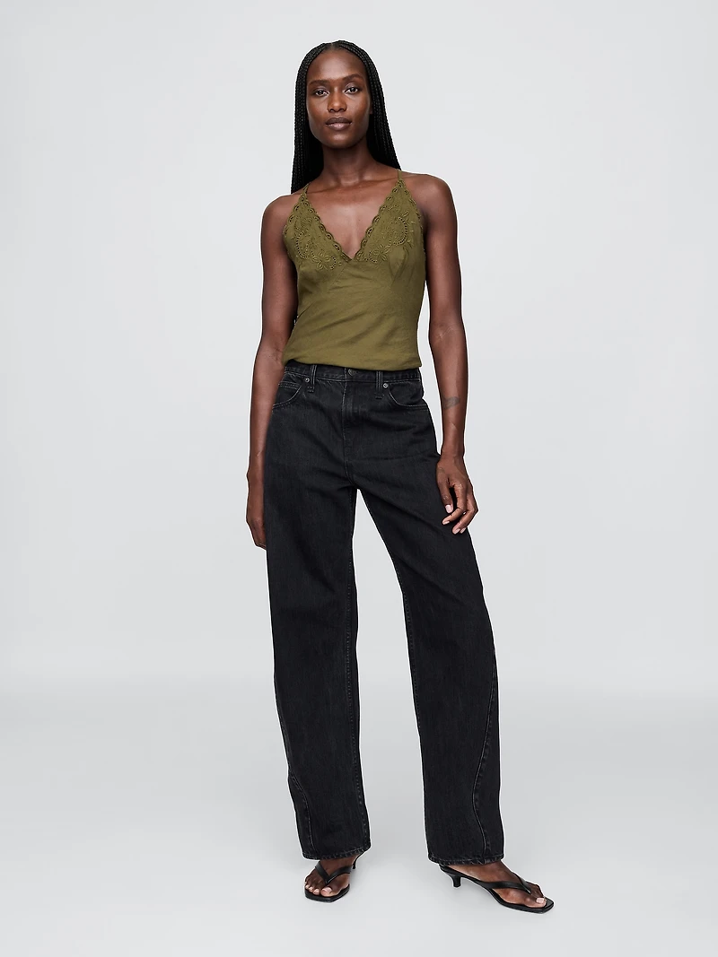 Linen-Blend Embroidered Halter Top