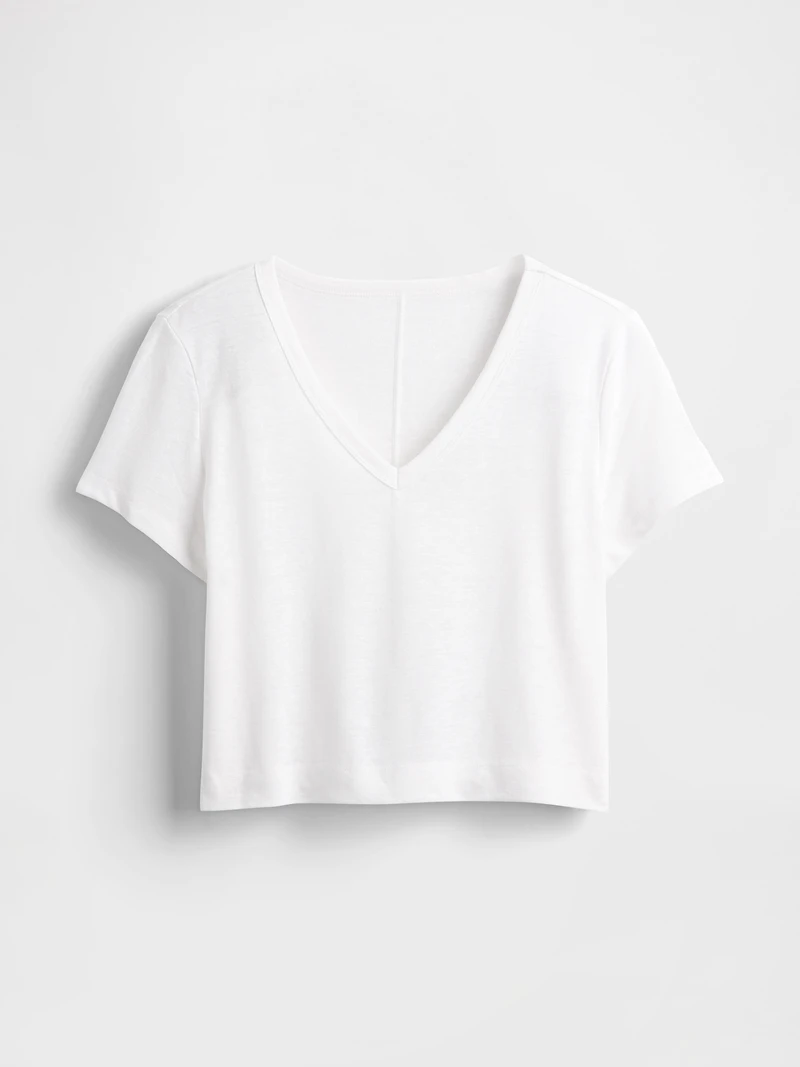 Linen-Blend V-Neck Crop T-Shirt