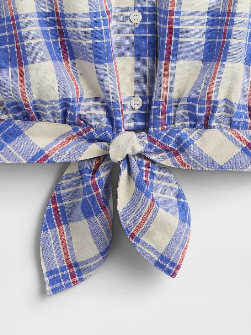 Linen-Blend Tie-Front Crop Shirt