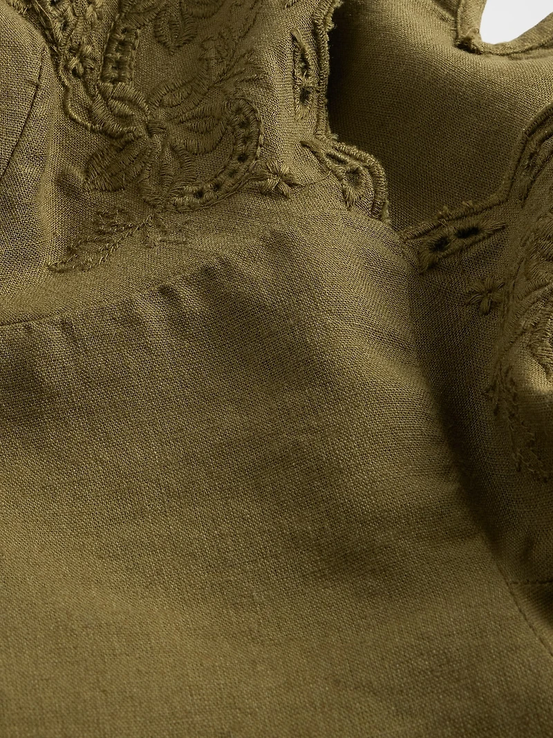 Linen-Blend Embroidered Halter Top