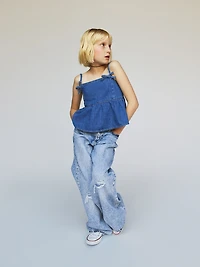 Kids Denim Bow-Strap Peplum Top