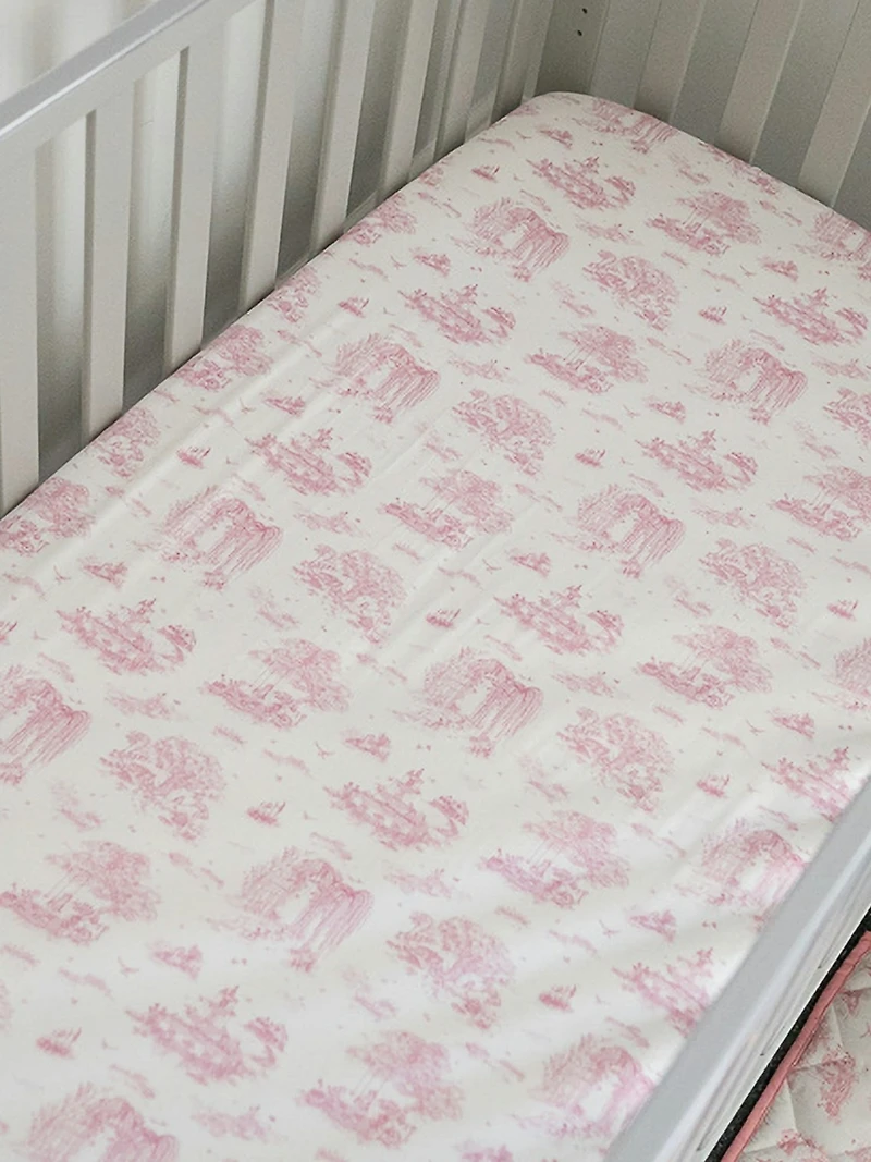 The Gilded Bird Spring Toile Pink Fitted Crib Sheet