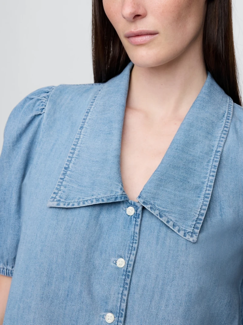 Denim Puff-Sleeve Collared Shirt