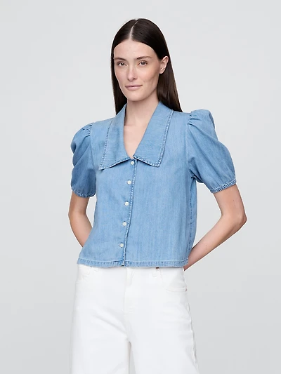 Denim Puff-Sleeve Collared Shirt