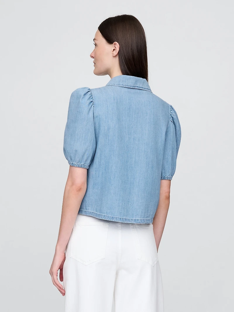 Denim Puff-Sleeve Collared Shirt