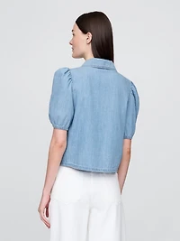 Denim Puff-Sleeve Collared Shirt