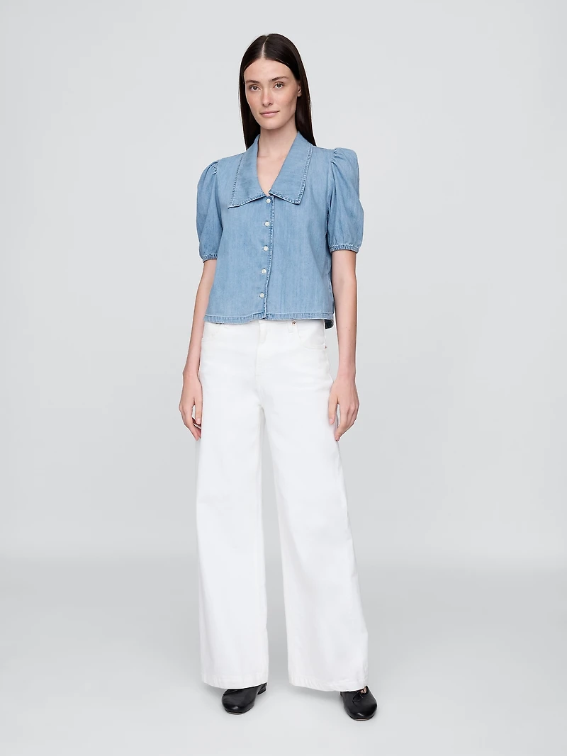 Denim Puff-Sleeve Collared Shirt