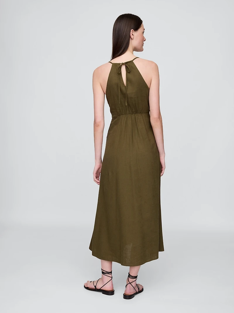 Linen-Blend Embroidered Halter Maxi Dress