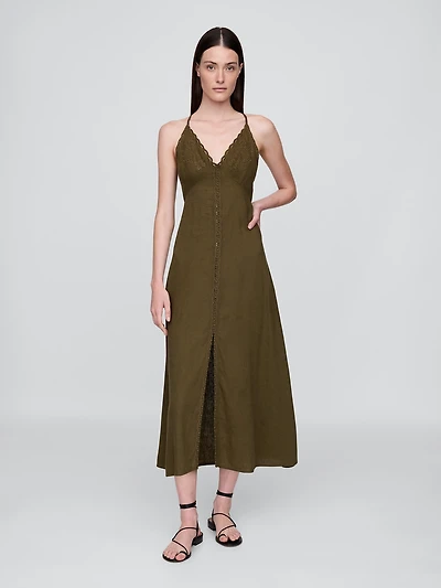Linen-Blend Embroidered Halter Maxi Dress