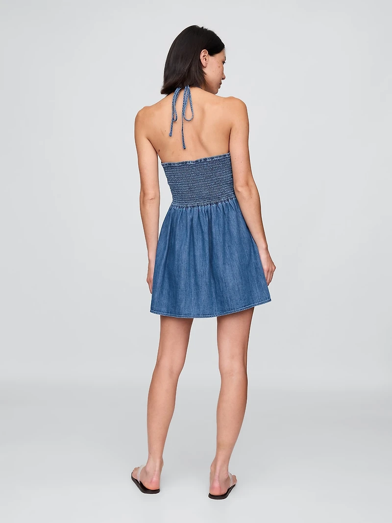 Denim Pintuck Halter Mini Dress
