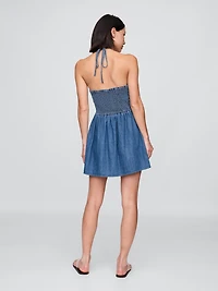 Denim Pintuck Halter Mini Dress