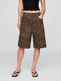11" Mid Rise Denim Leopard Longline Shorts