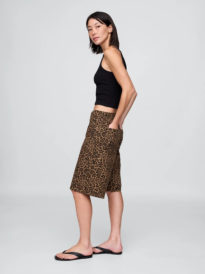 11" Mid Rise Denim Leopard Longline Shorts