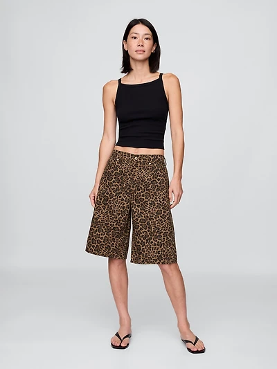 11" Mid Rise Denim Leopard Longline Shorts
