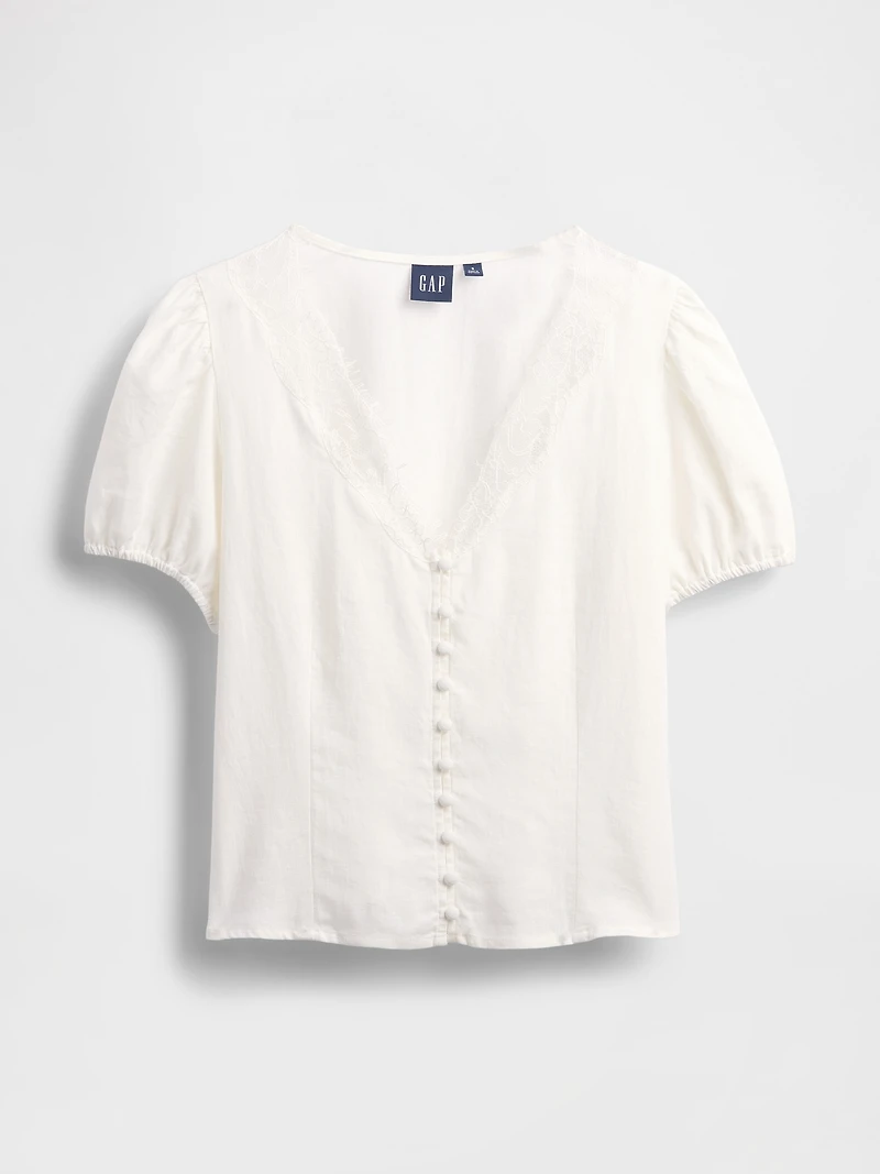 Linen-Blend Lace V-Neck Top