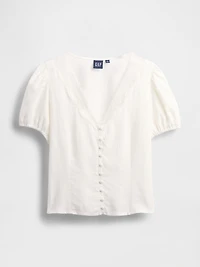 Linen-Blend Lace V-Neck Top