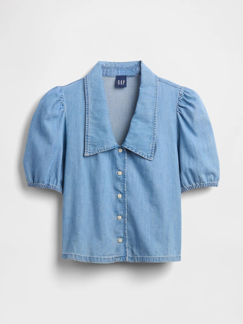 Denim Puff-Sleeve Collared Shirt