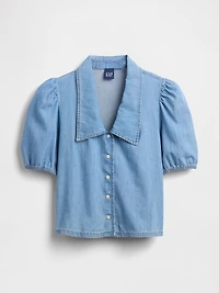 Denim Puff-Sleeve Collared Shirt