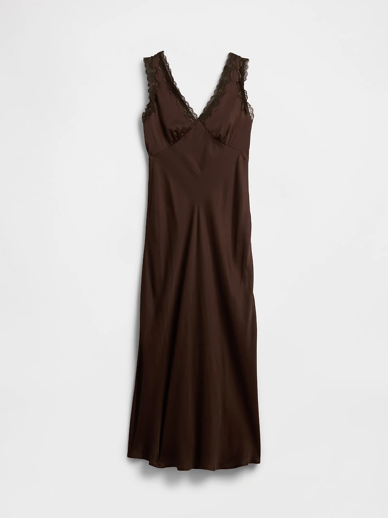 Satin Lace-Trim V-Neck Maxi Slip Dress