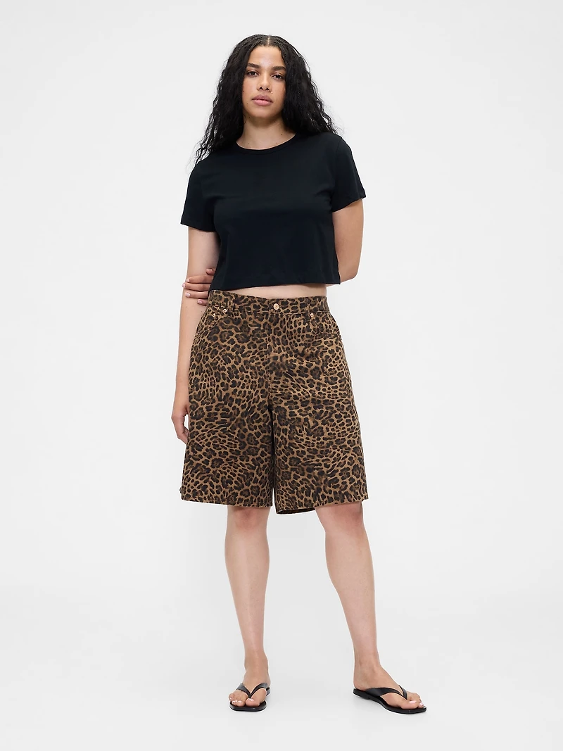 11" Mid Rise Denim Leopard Longline Shorts