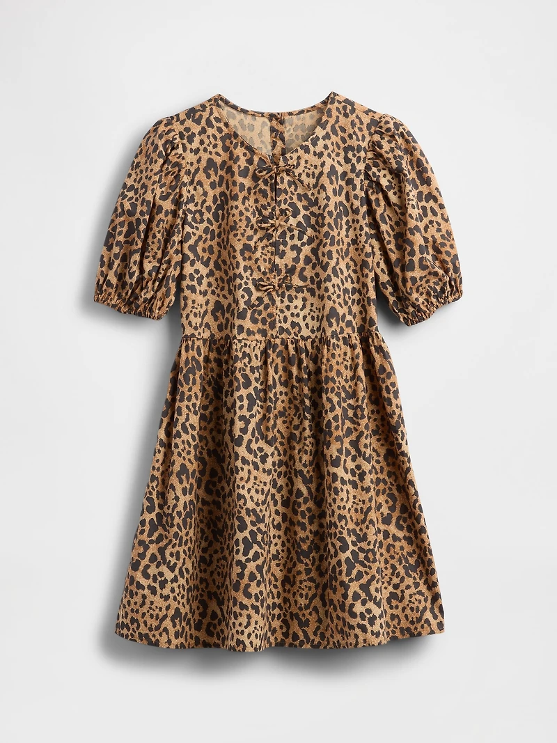 Kids Poplin Puff-Sleeve Leopard Dress