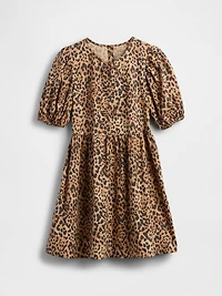 Kids Poplin Puff-Sleeve Leopard Dress