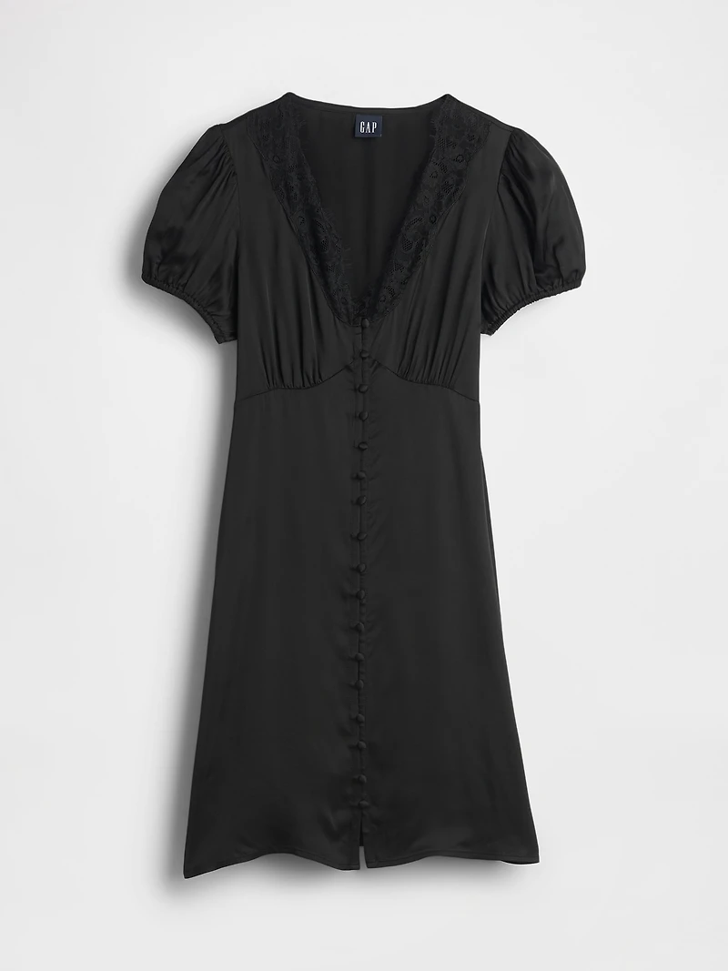 Satin Lace-Trim V-Neck Mini Dress