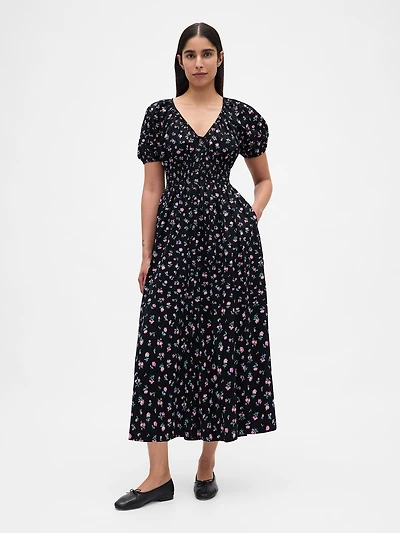 Puff-Sleeve Midi Dress