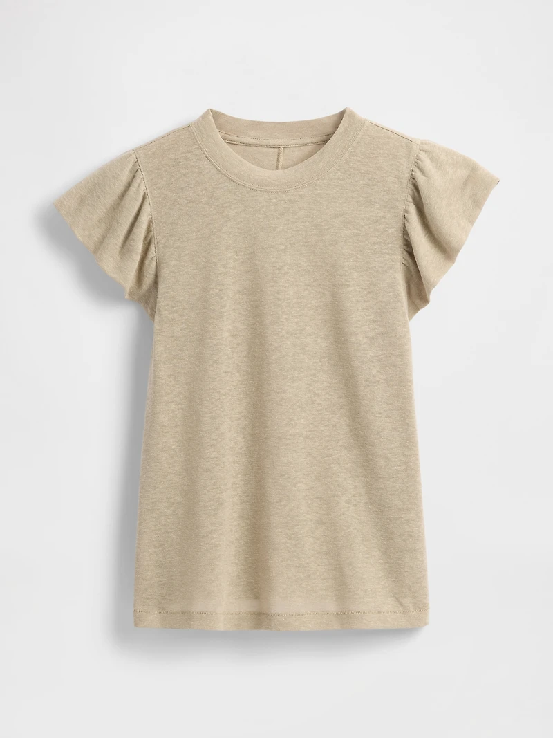 Linen-Blend Flutter-Sleeve T-Shirt